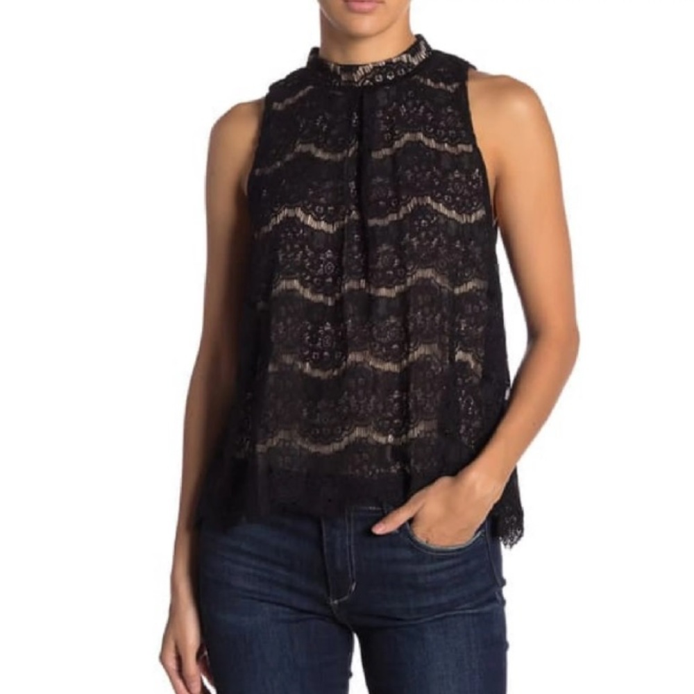 Black Mock Neck Lace Blouse